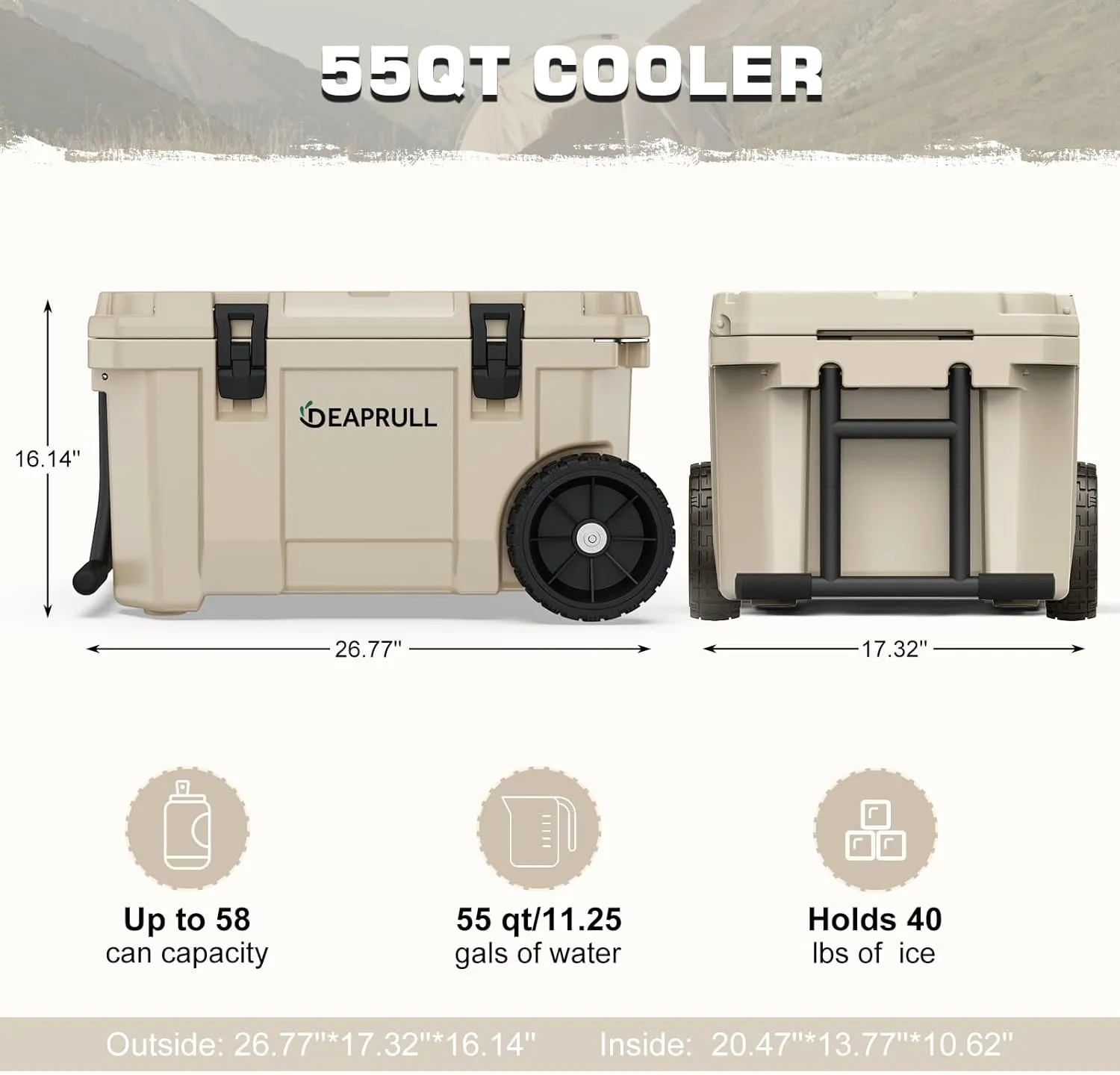 55 Quart Cooler with Wheels, Ice Chests Portable Camping Cooler Holds Ice up to 6 Days, Leak-Proof Outdoor Insulated Cooler with Handle, Cup Holders, Hard Cooler for Camping, Beach, Boat