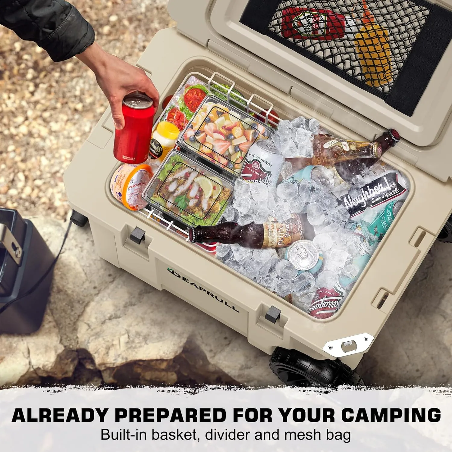 55 Quart Cooler with Wheels, Ice Chests Portable Camping Cooler Holds Ice up to 6 Days, Leak-Proof Outdoor Insulated Cooler with Handle, Cup Holders, Hard Cooler for Camping, Beach, Boat