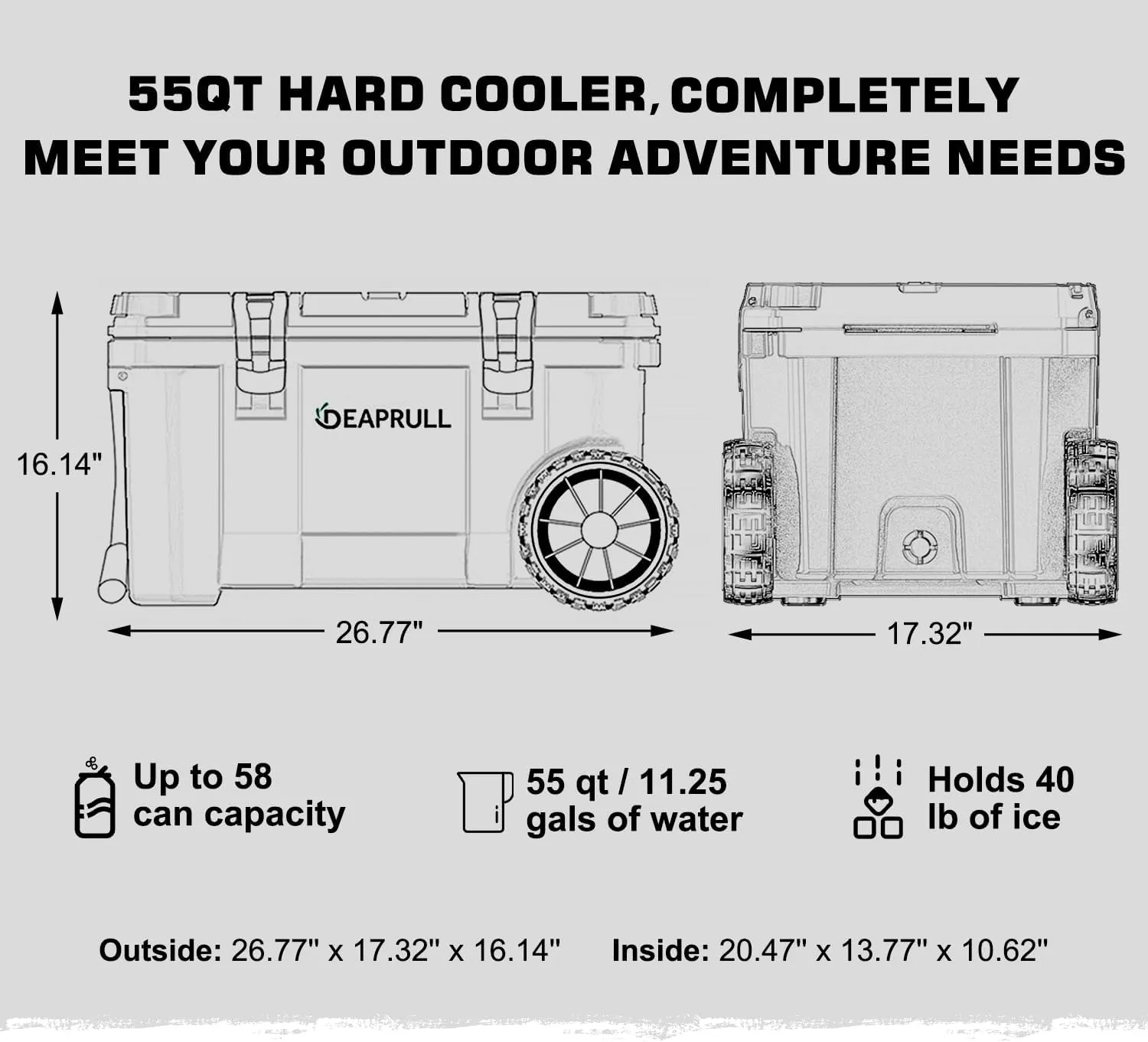 55 Quart Cooler with Wheels, Ice Chests Portable Camping Cooler Holds Ice up to 6 Days, Leak-Proof Outdoor Insulated Cooler with Handle, Cup Holders, Hard Cooler for Camping, Beach, Boat