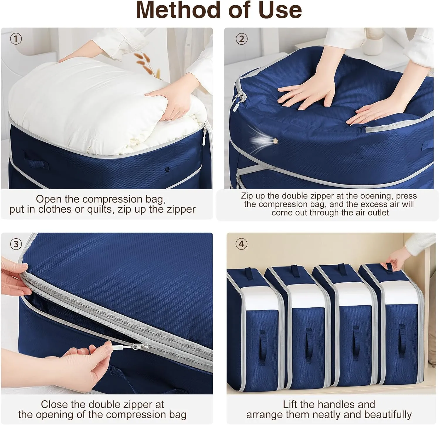 6 Pack Compression Storage Bags - 110L Large Capacity Comforter Storage Bag, 3-Layer Washable Ultra Space Saving Self Compression Organizer Space Bags for Blankets, Sweater, Sheet, Navy Blue