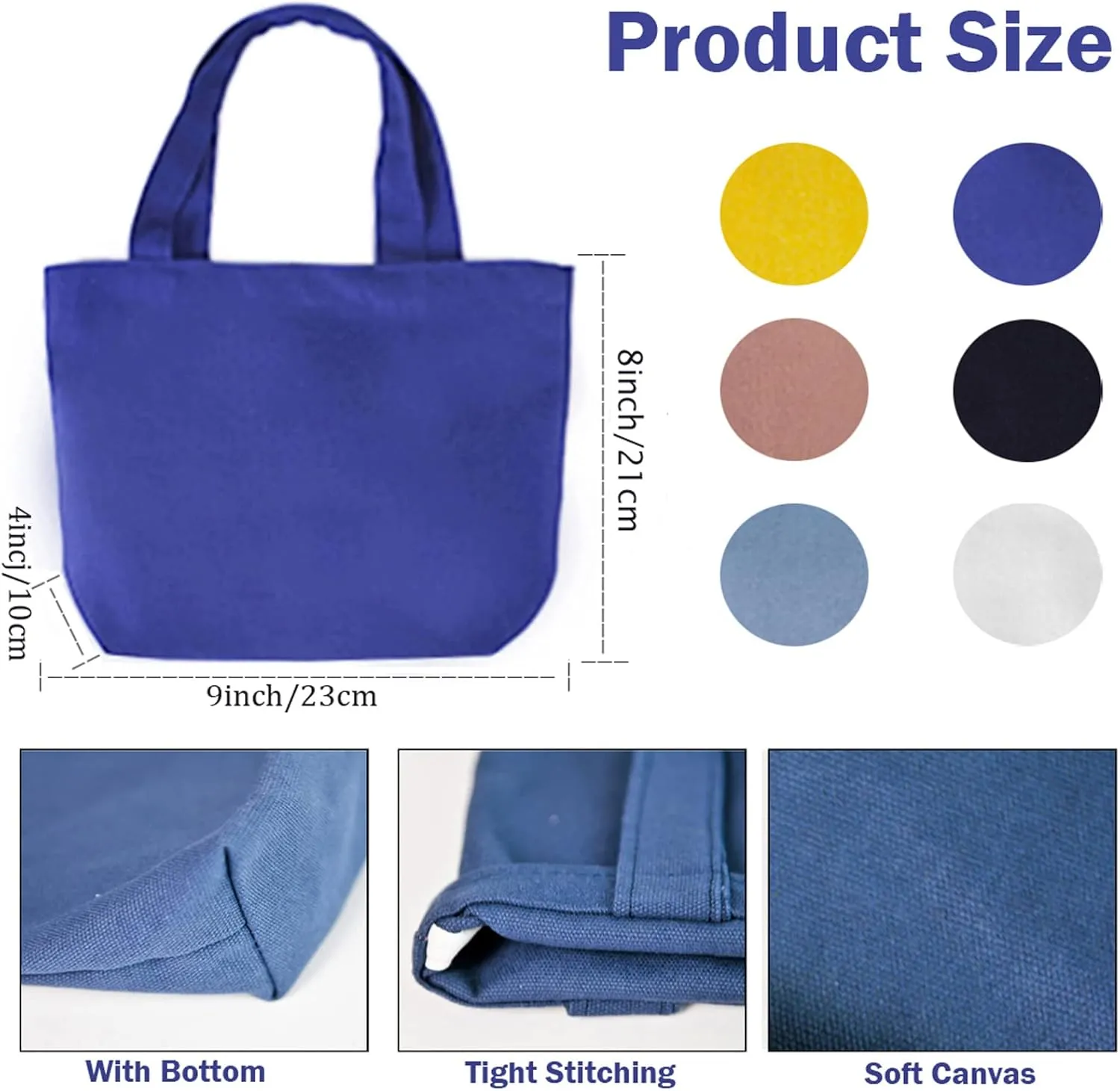 6 Pack Small Canvas Tote Bags, 9x8x4inch Reusable Cotton Shopping Bags Bulk DIY Mini Tote Bag Gift Bags