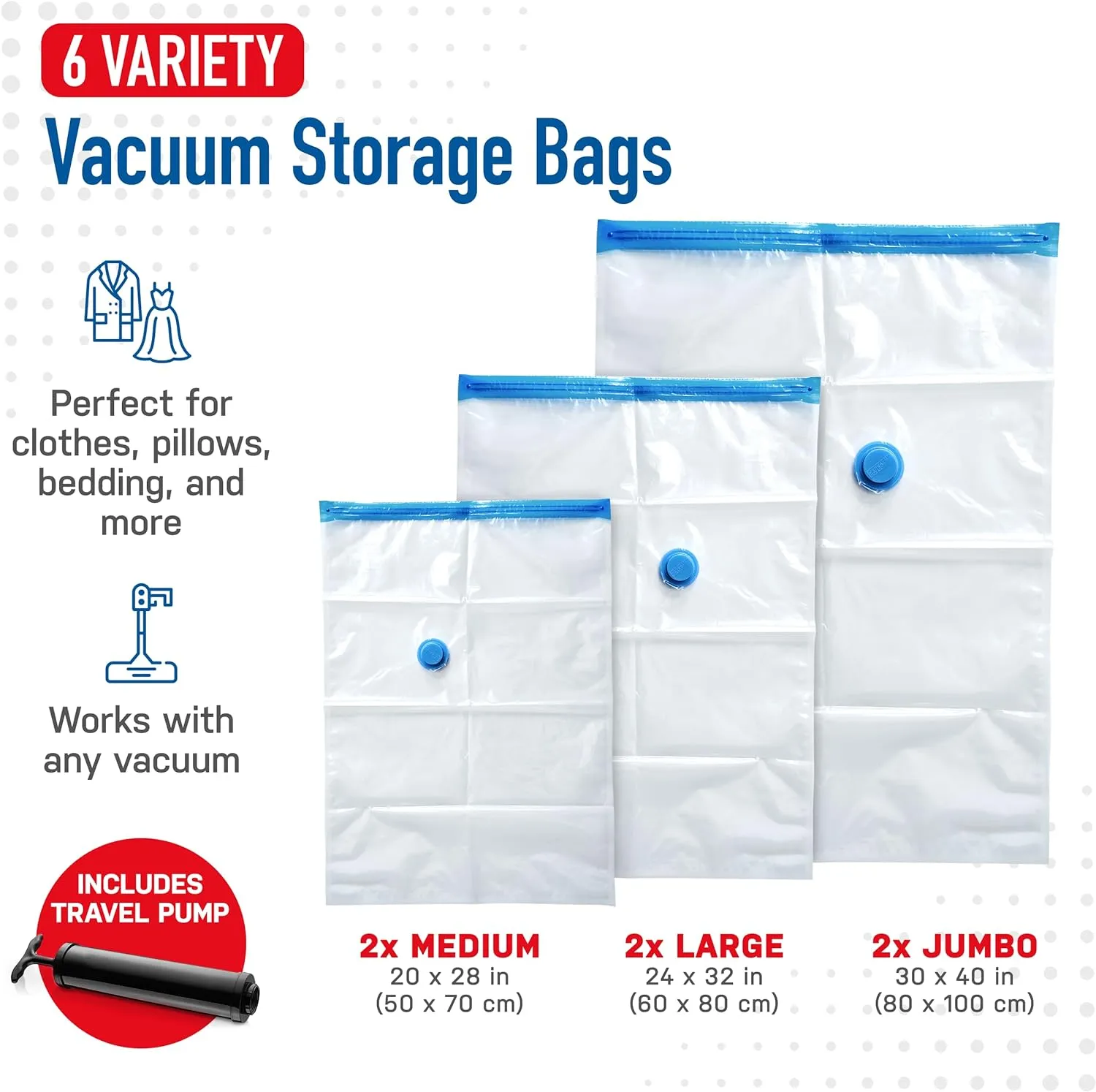 6 Pack Variety Vacuum Storage Bags for Comforters, Blankets & Clothes – Vacuum Sealed Compression Bags with Hand Pump – Space Saver Storage Bags for Bedding, Moving, Travel & Organization (2M, 2L&2XL)