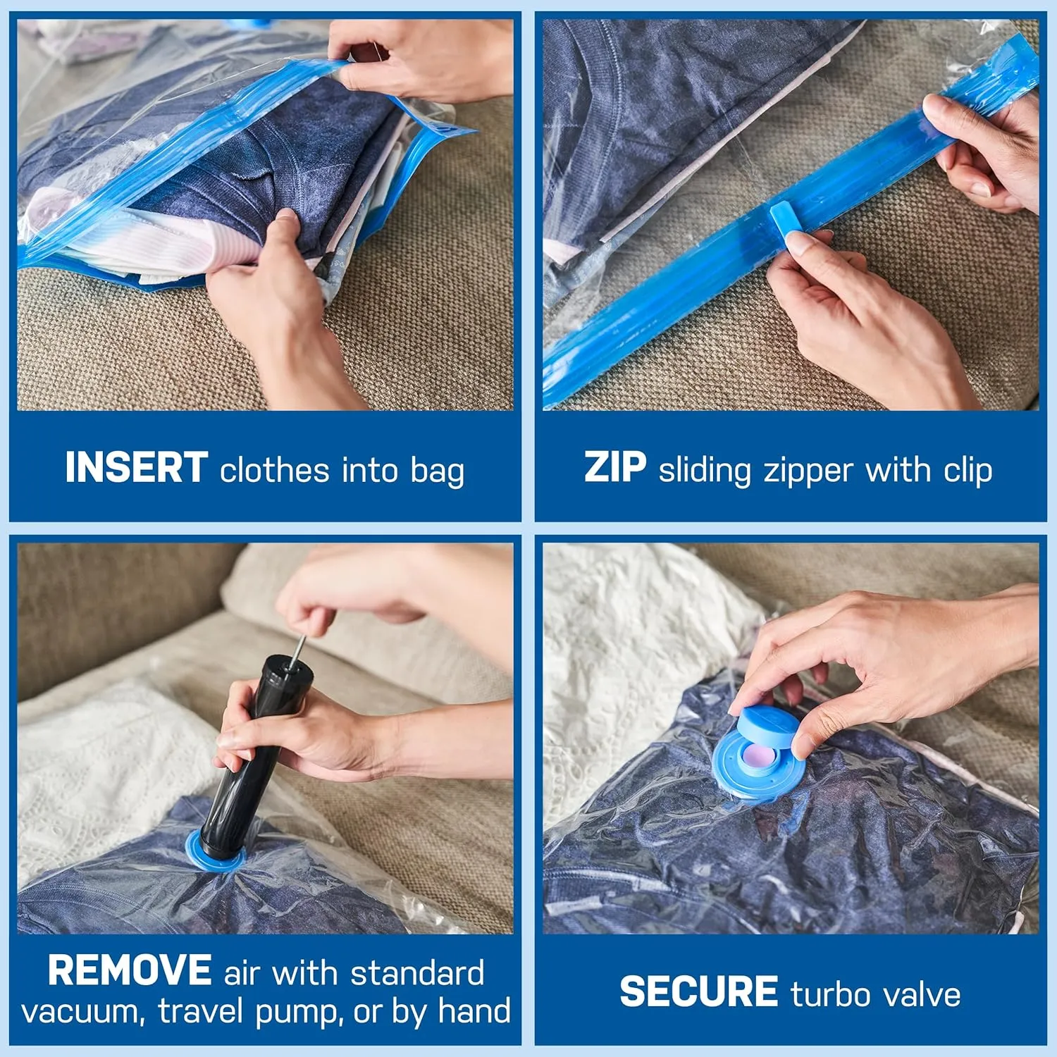 6 Pack Variety Vacuum Storage Bags for Comforters, Blankets & Clothes – Vacuum Sealed Compression Bags with Hand Pump – Space Saver Storage Bags for Bedding, Moving, Travel & Organization (2M, 2L&2XL)