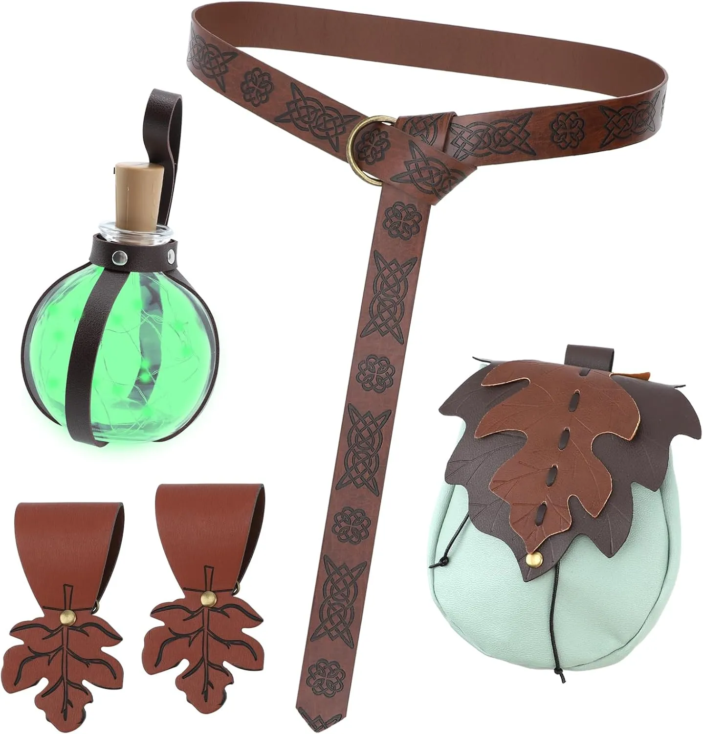 6 Pcs Women Renaissance Accessories: Leaf Belt Bag, Medieval Viking Leather Belt, Potion Bottles, Skirt Hikes, Ren Faire Pouch, Fairy Cosplay