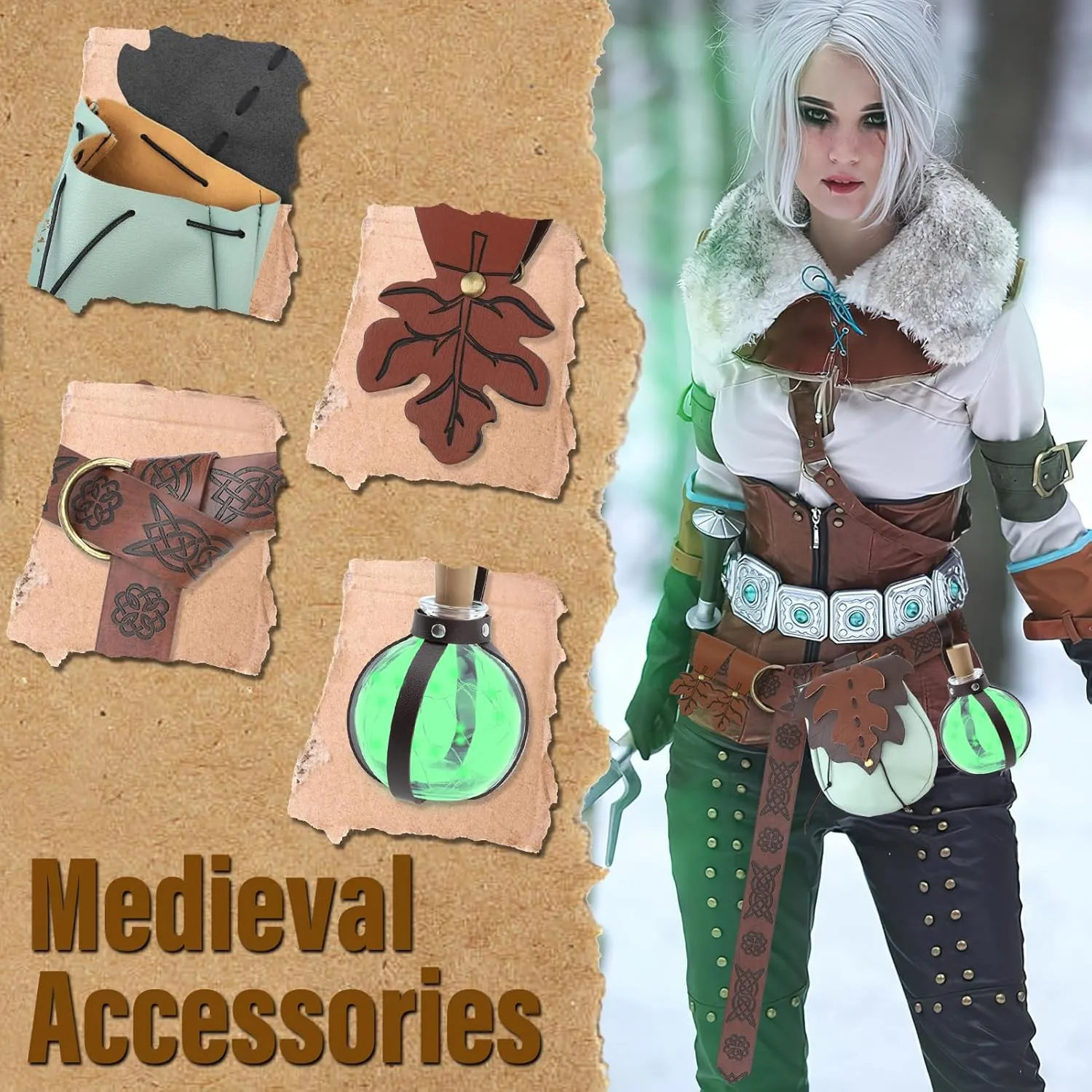 6 Pcs Women Renaissance Accessories: Leaf Belt Bag, Medieval Viking Leather Belt, Potion Bottles, Skirt Hikes, Ren Faire Pouch, Fairy Cosplay