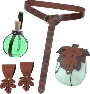 6 Pcs Women Renaissance Accessories: Leaf Belt Bag, Medieval Viking Leather Belt, Potion Bottles, Skirt Hikes, Ren Faire Pouch, Fairy Cosplay