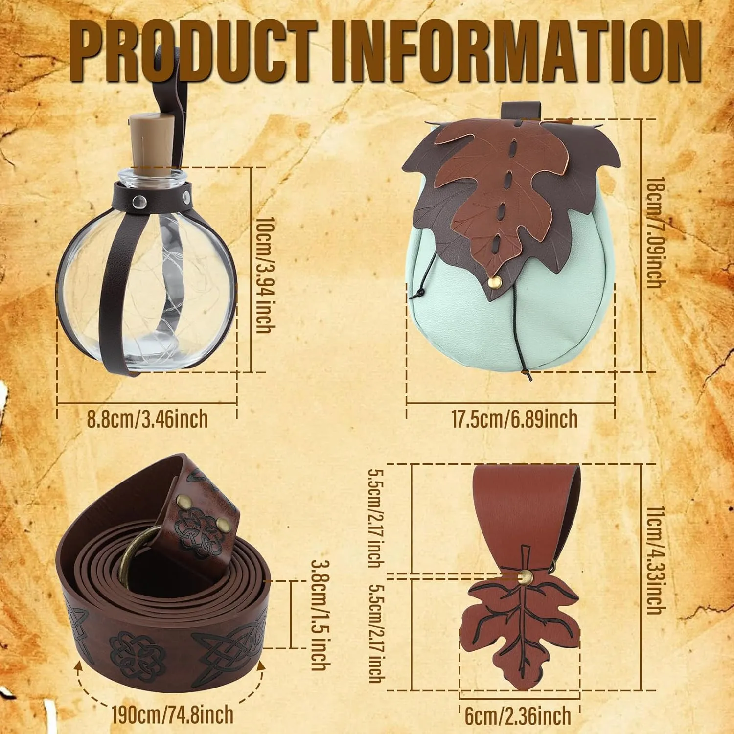 6 Pcs Women Renaissance Accessories: Leaf Belt Bag, Medieval Viking Leather Belt, Potion Bottles, Skirt Hikes, Ren Faire Pouch, Fairy Cosplay