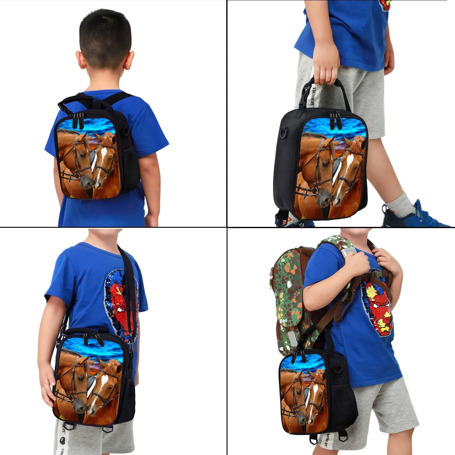 7-Mi Kids Lunch Bag Reusable 3D Design Snack Shoulder Bags with Zipper Online Insulated Thermal Girls Boys Lunch Tote Bags Cooler Box for Picnic(Horse)