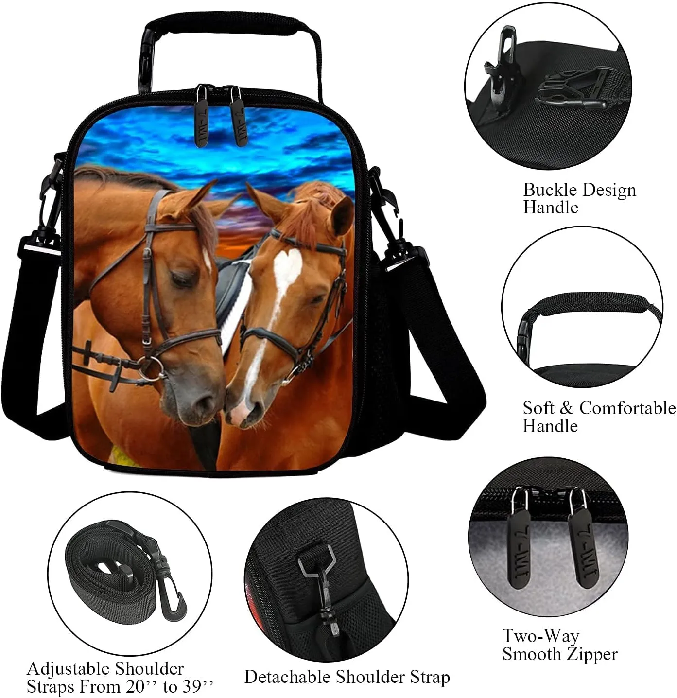 7-Mi Kids Lunch Bag Reusable 3D Design Snack Shoulder Bags with Zipper Online Insulated Thermal Girls Boys Lunch Tote Bags Cooler Box for Picnic(Horse)