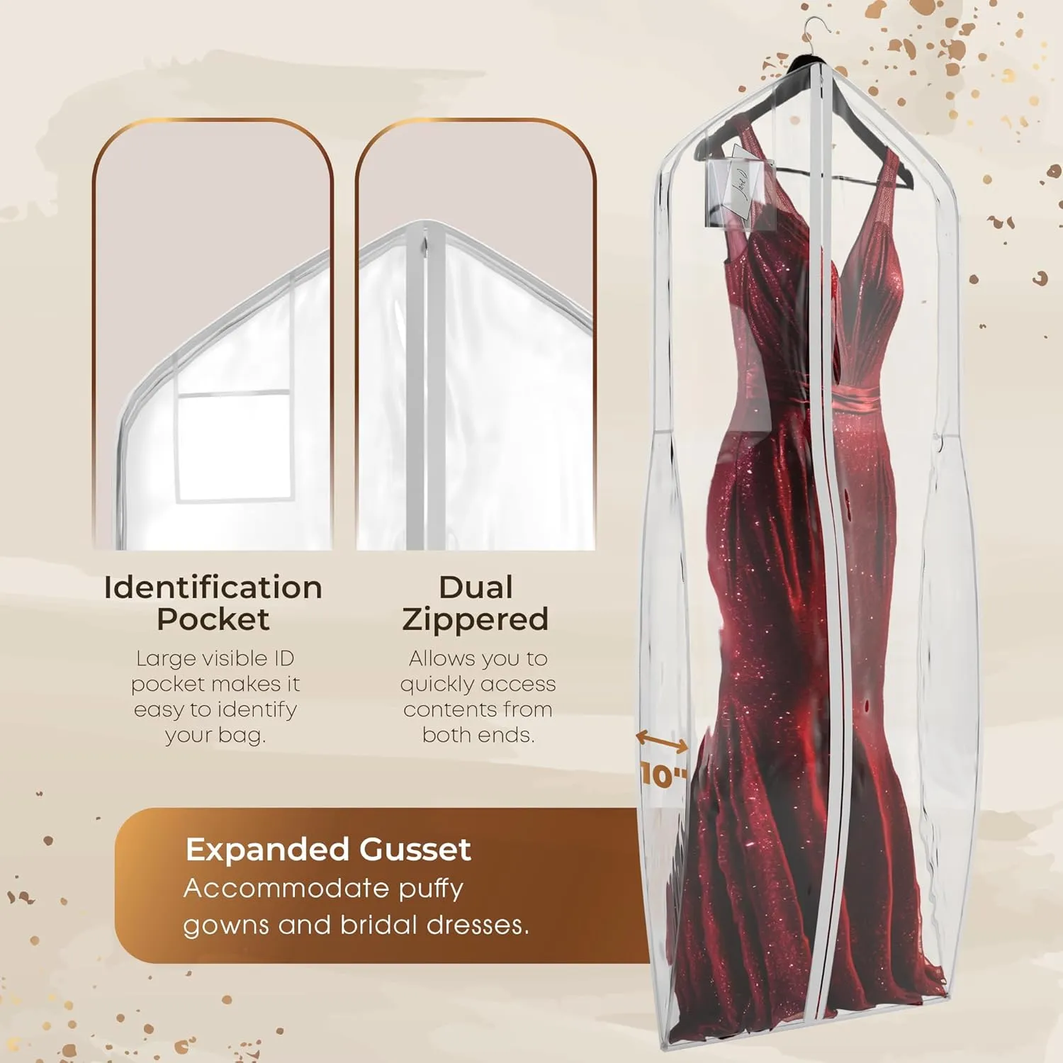 72" Tapered Long Dress Bags for Gowns - Wedding Dress Garment Bag for Dresses - Long Garment Bags for Hanging Clothes & Closet Storage, Dress Bag for Airplane Travel for Women with ID Window