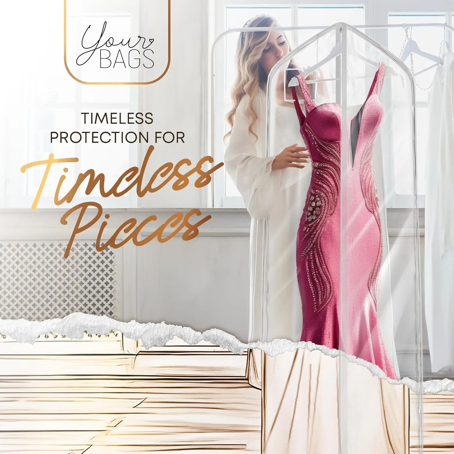72" Tapered Long Dress Bags for Gowns - Wedding Dress Garment Bag for Dresses - Long Garment Bags for Hanging Clothes & Closet Storage, Dress Bag for Airplane Travel for Women with ID Window