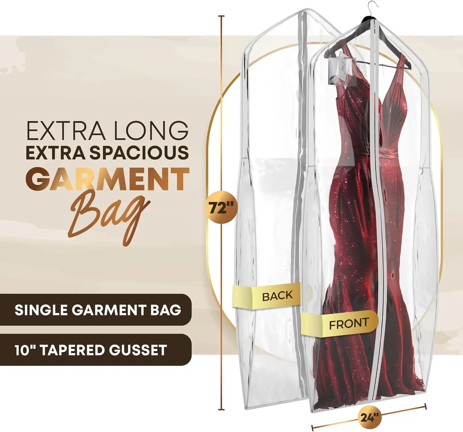 72" Tapered Long Dress Bags for Gowns - Wedding Dress Garment Bag for Dresses - Long Garment Bags for Hanging Clothes & Closet Storage, Dress Bag for Airplane Travel for Women with ID Window
