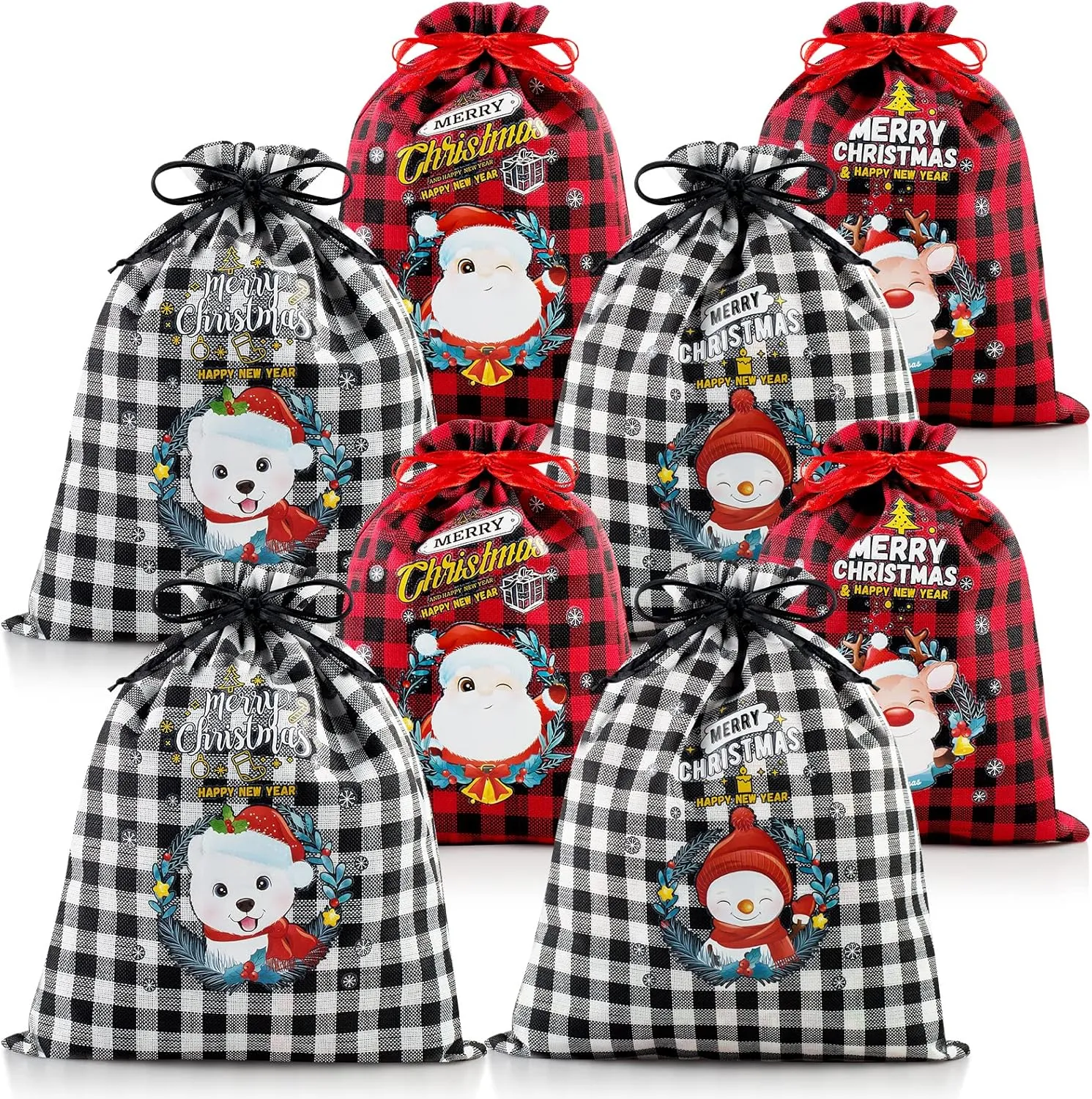 8 Pack Assorted Sizes Gift Bags With Drawstring - Buffalo Plaid and Christmas Patterns - Xmas Plaid Burlap Wrapping and Storage Bags