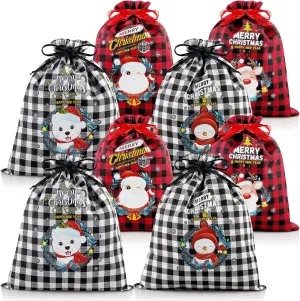 8 Pack Assorted Sizes Gift Bags With Drawstring - Buffalo Plaid and Christmas Patterns - Xmas Plaid Burlap Wrapping and Storage Bags