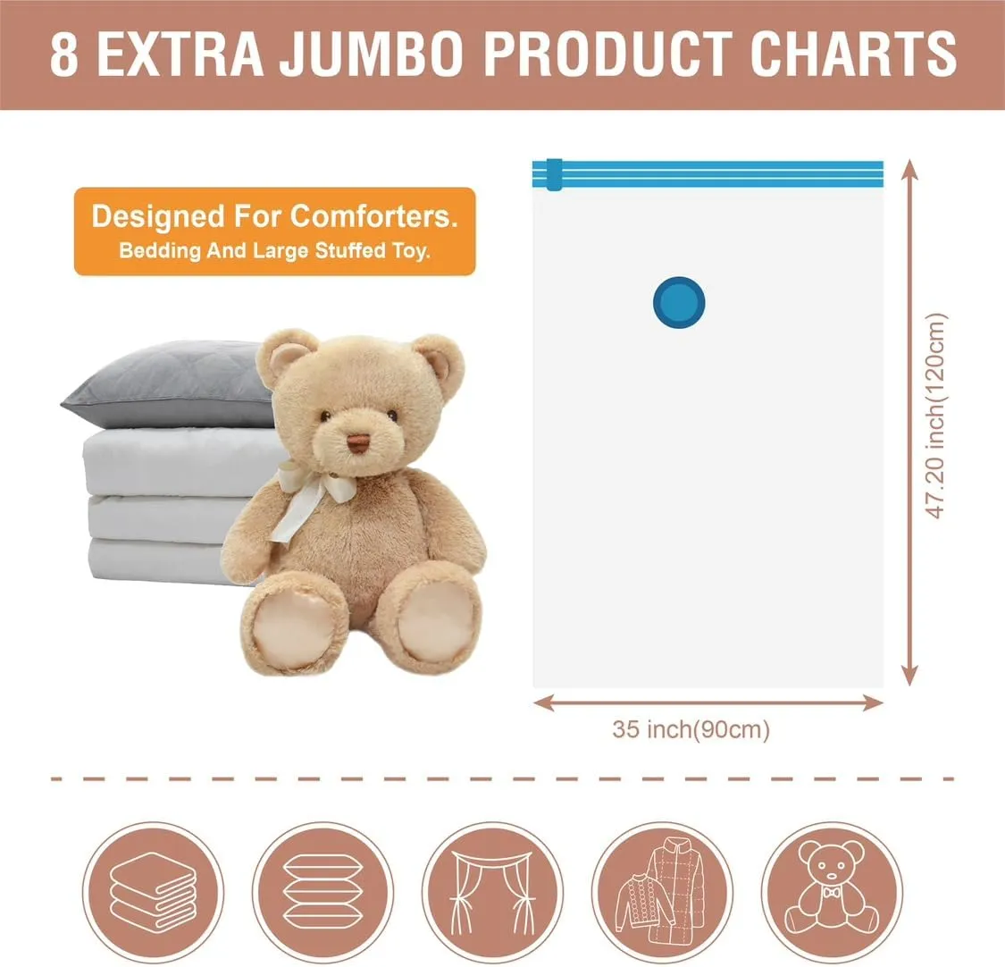 8 Pack XXL Jumbo Vacuum Storage Bags, Extra Large Vacuum Seal Bags for Comforters, Bedding, Blanket Storage, Giant Space Saver Bags for Huge Stuffed Toy(47.2x35 in)