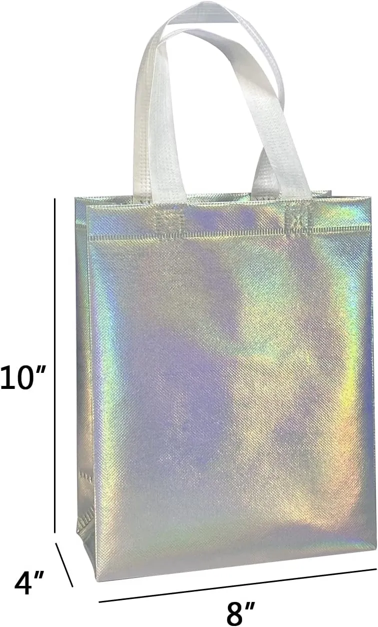 8" X 4" X 10" Reusable Silver Gift Bags With Handles for Birthday Christmas Party Favor Gift Bag Pack of 12