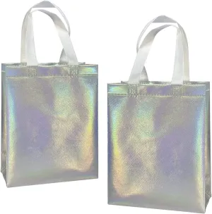 8" X 4" X 10" Reusable Silver Gift Bags With Handles for Birthday Christmas Party Favor Gift Bag Pack of 12