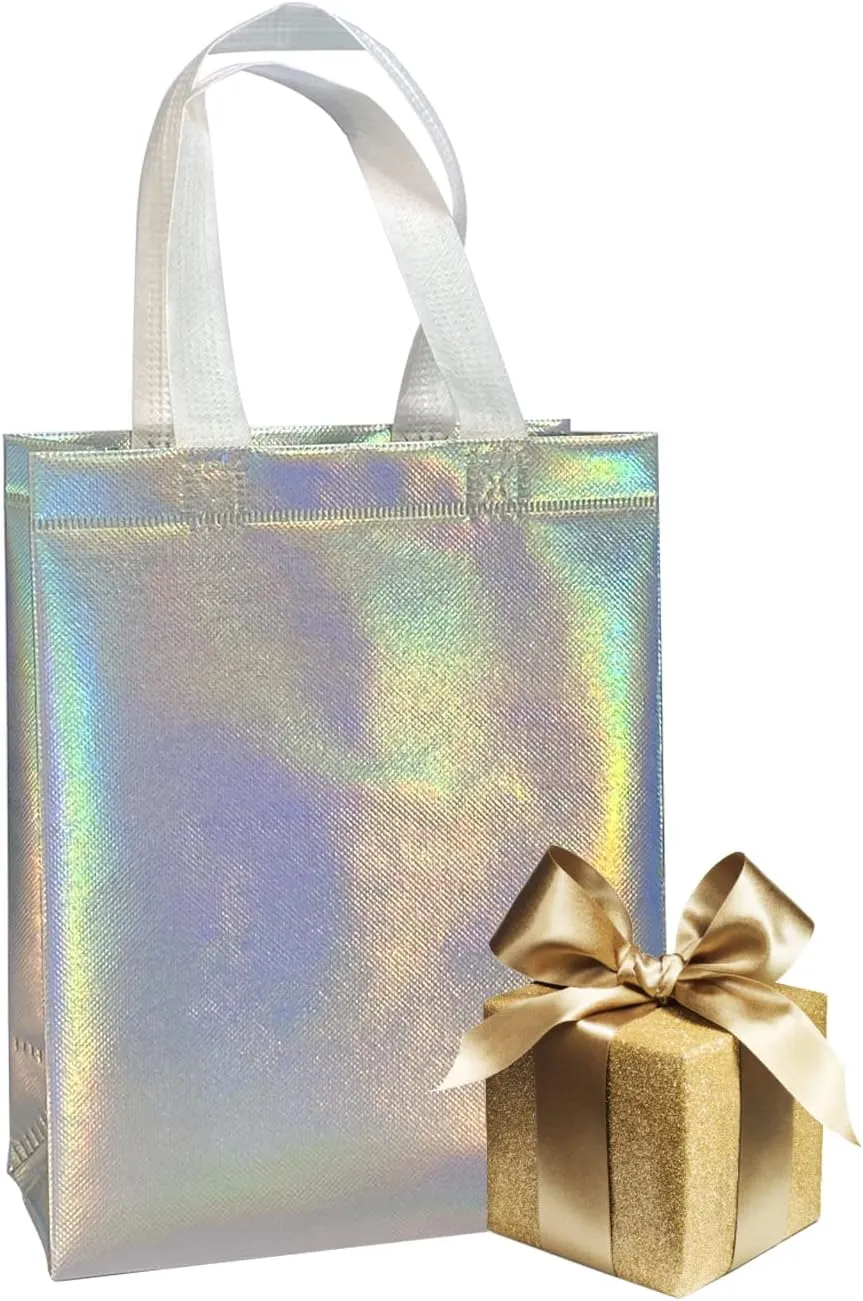 8" X 4" X 10" Reusable Silver Gift Bags With Handles for Birthday Christmas Party Favor Gift Bag Pack of 12