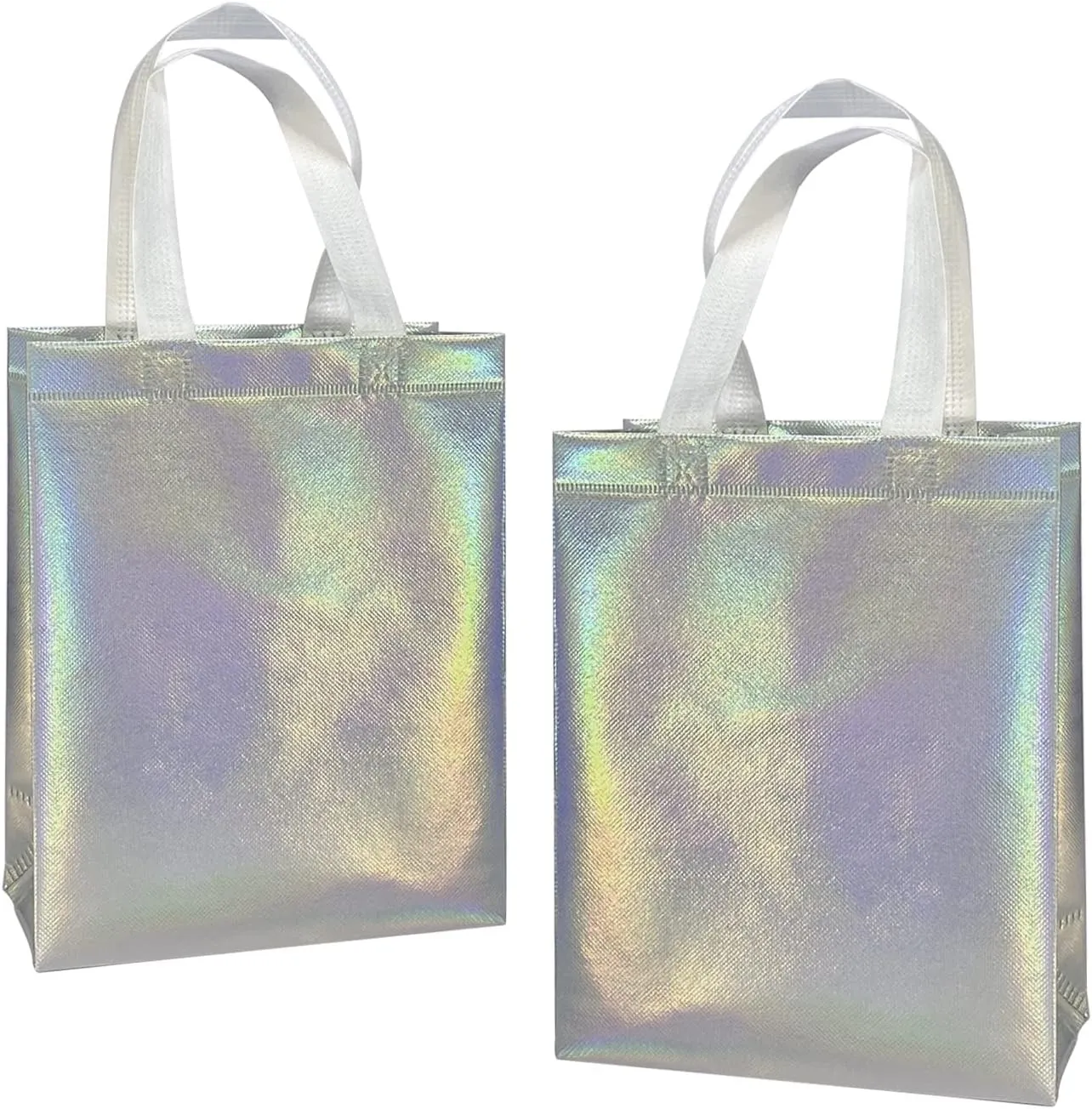 8" X 4" X 10" Reusable Silver Gift Bags With Handles for Birthday Christmas Party Favor Gift Bag Pack of 12