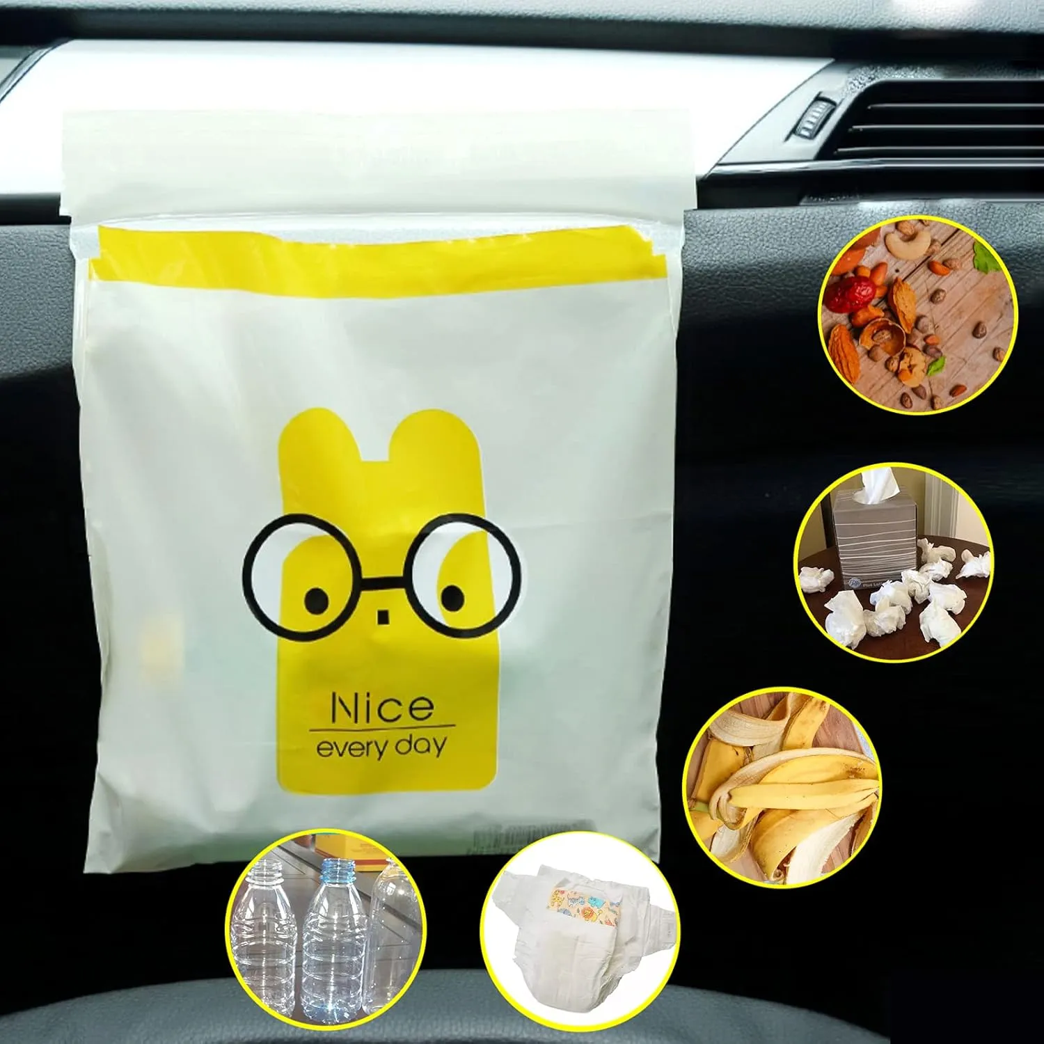 92pcs Car Trash Bags Easy Stick-On Disposable Portable Car Garbage Bags, Waterproof Leak Proof Barf Vomit Bags, Self Adhesive Cleaning Bags for Cars, Bedrooms, Bathrooms, Offices, Kitchens - Pattern A