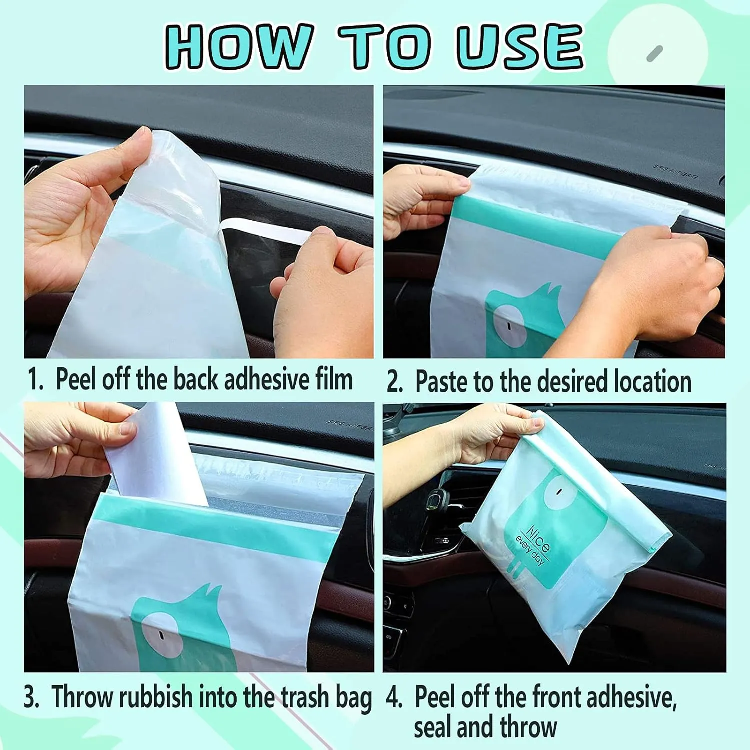 92pcs Car Trash Bags Easy Stick-On Disposable Portable Car Garbage Bags, Waterproof Leak Proof Barf Vomit Bags, Self Adhesive Cleaning Bags for Cars, Bedrooms, Bathrooms, Offices, Kitchens - Pattern A