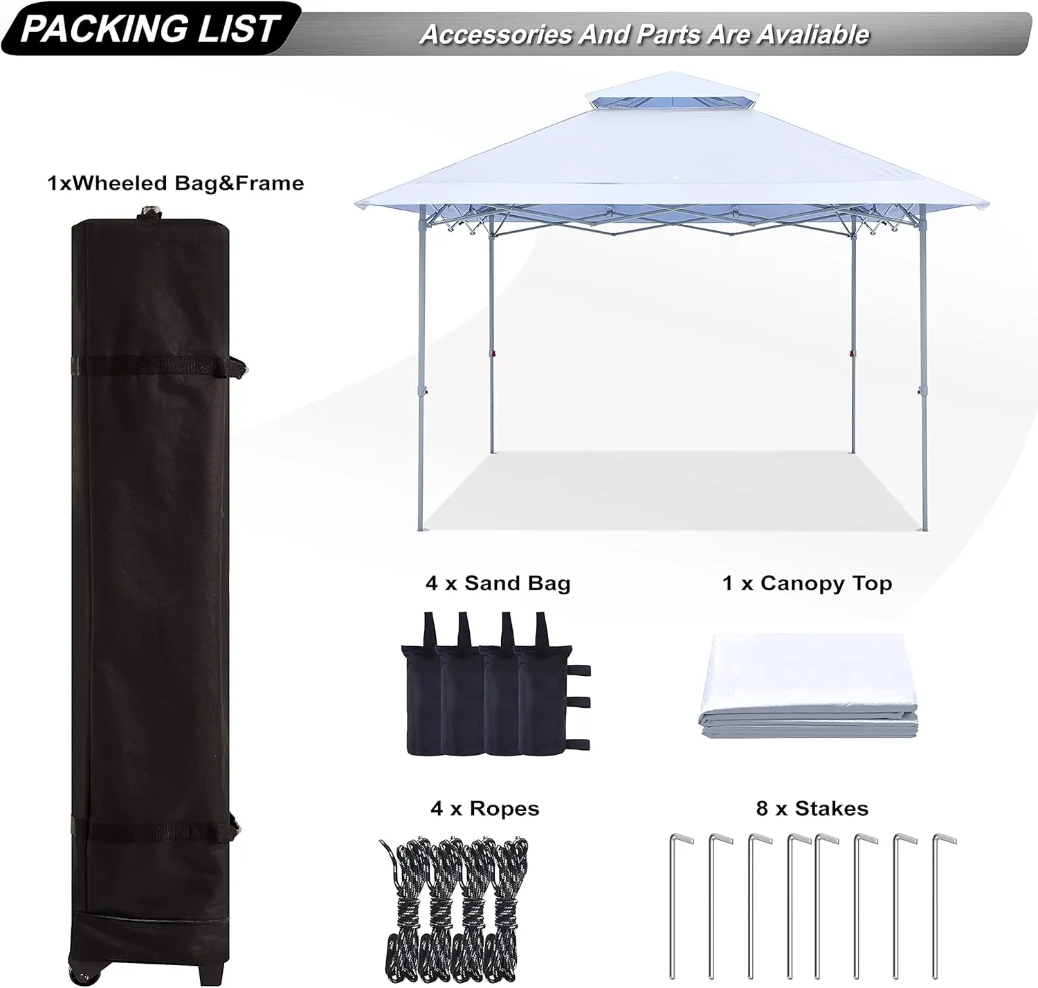 ABCCANOPY 13x13 Pop Up Canopy Base on 10x10 Canopy Frame with Double Ventilated Top, 4 Sandbags, 4 Ropes and 8 Stakes (White)