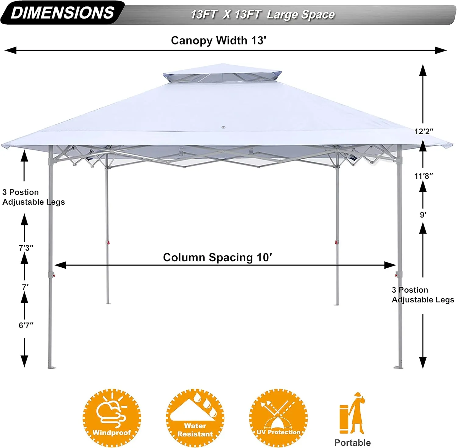 ABCCANOPY 13x13 Pop Up Canopy Base on 10x10 Canopy Frame with Double Ventilated Top, 4 Sandbags, 4 Ropes and 8 Stakes (White)