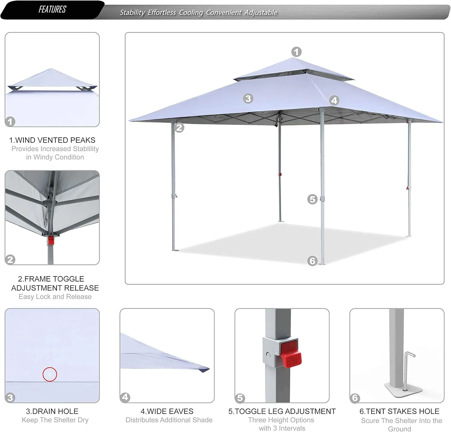 ABCCANOPY 13x13 Pop Up Canopy Base on 10x10 Canopy Frame with Double Ventilated Top, 4 Sandbags, 4 Ropes and 8 Stakes (White)