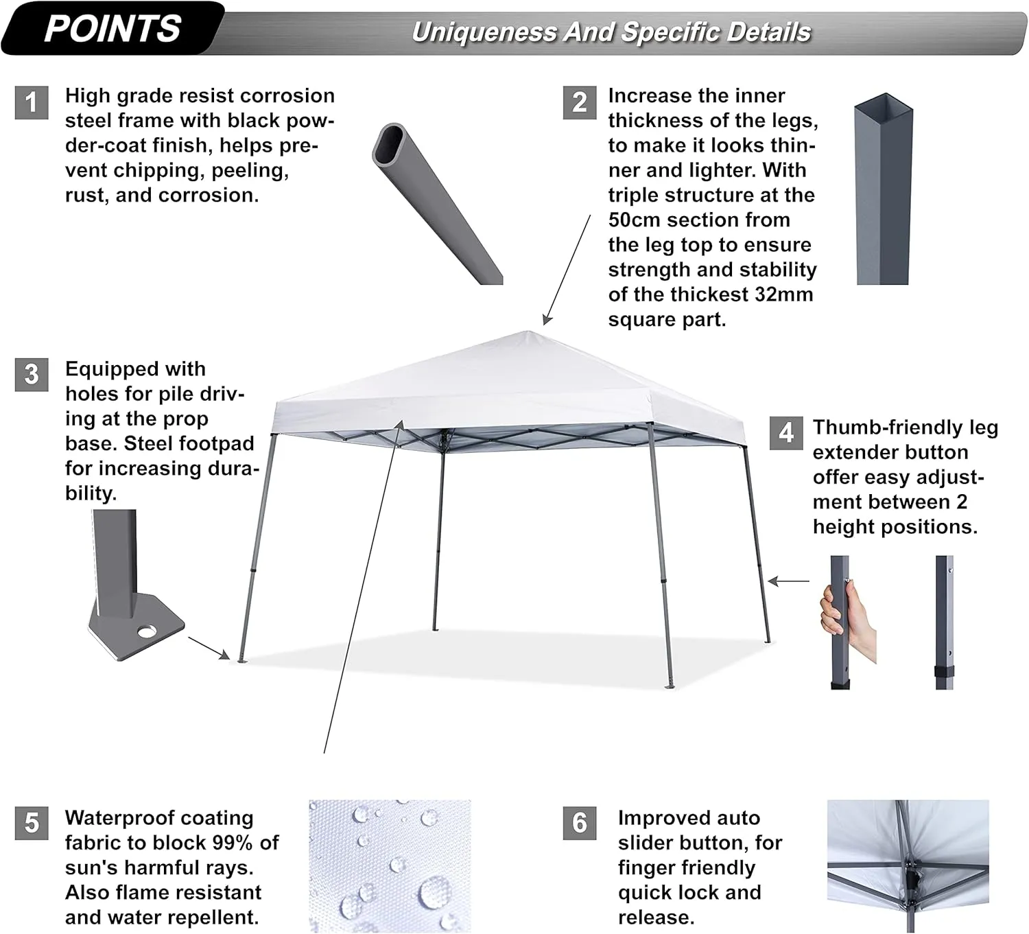 ABCCANOPY Stable Pop up Outdoor Canopy Tent 8 x 8 ft Base / 6 x 6 ft Top, White
