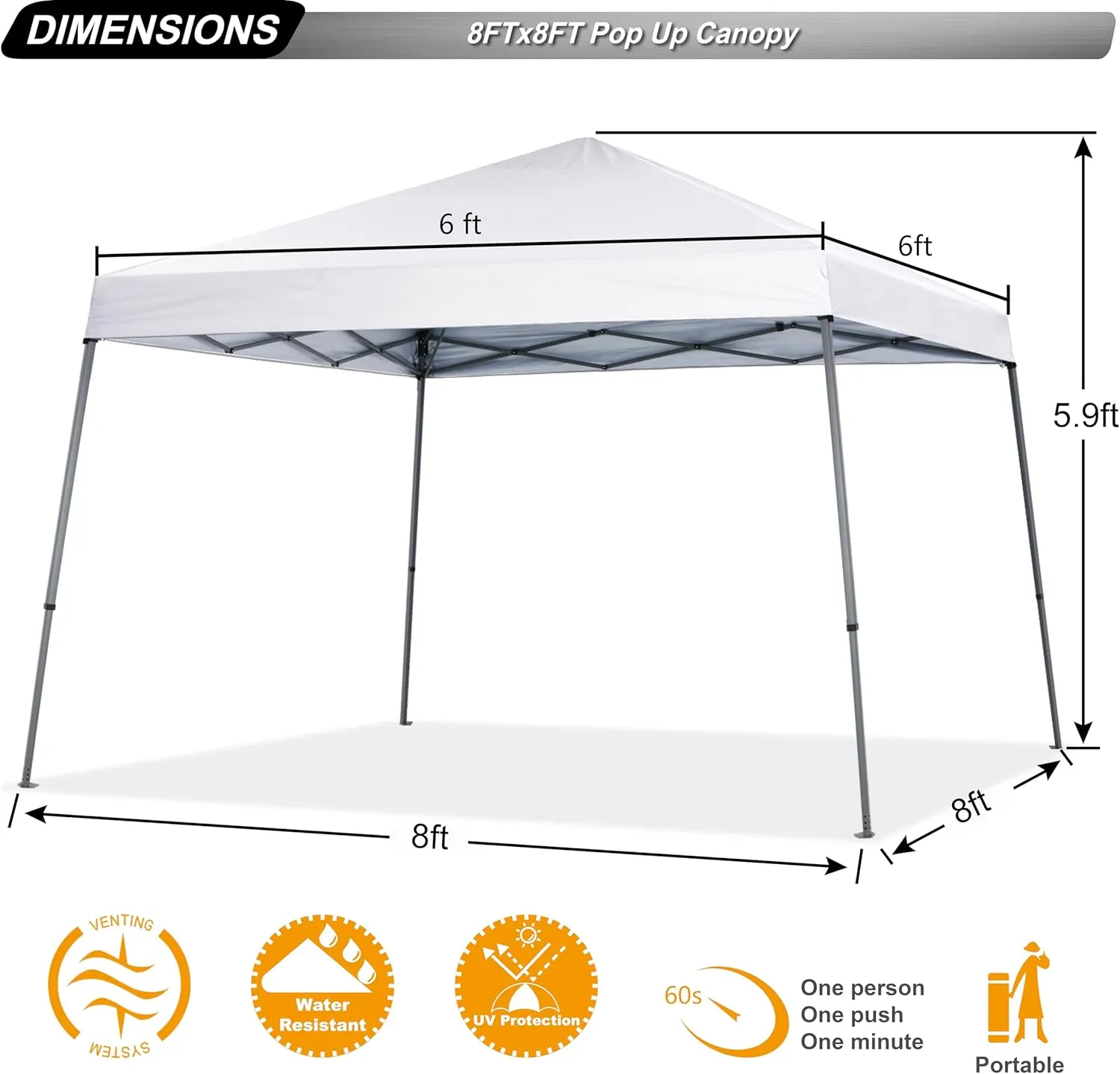 ABCCANOPY Stable Pop up Outdoor Canopy Tent 8 x 8 ft Base / 6 x 6 ft Top, White
