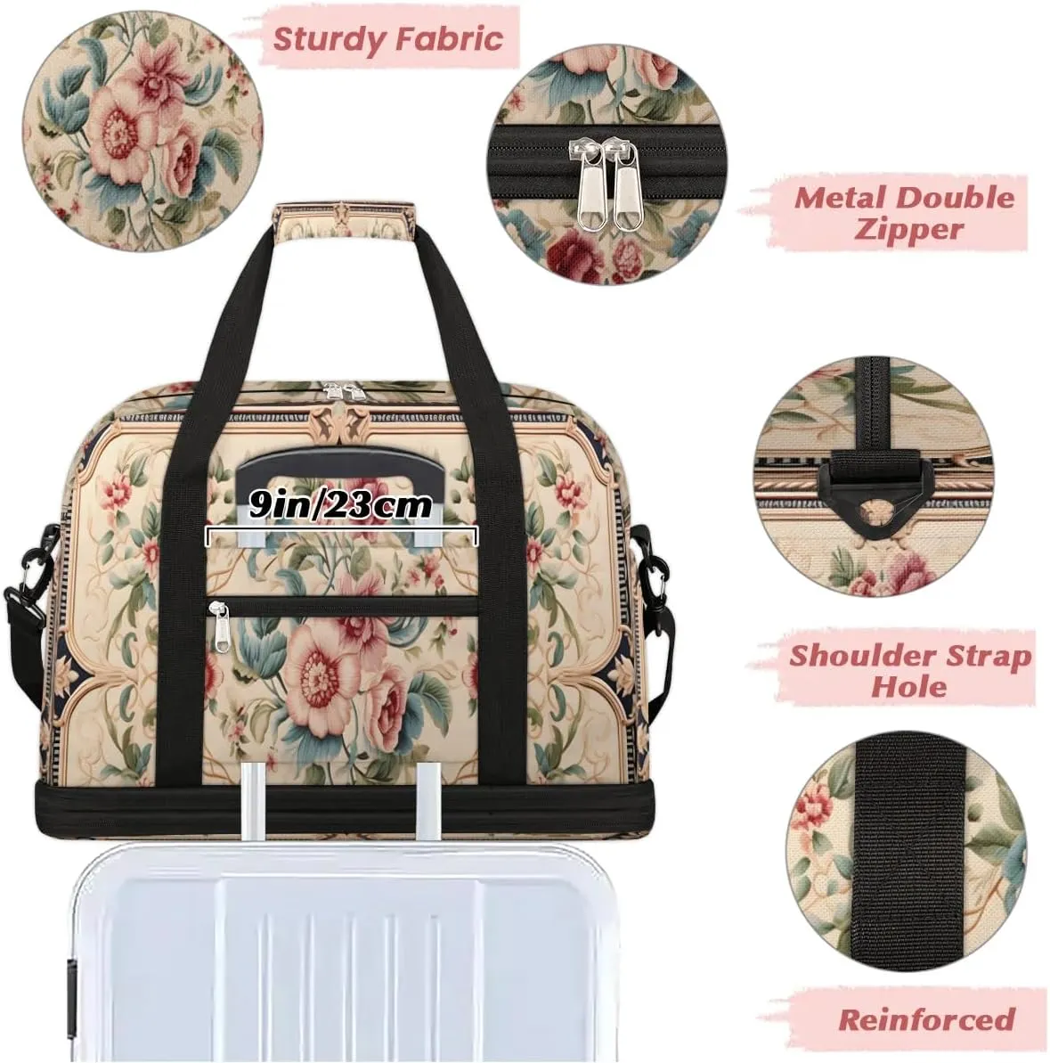Abstract Boho Flowers Pattern Travel Duffle Bag, Collapsible Travel Bag Sports Gym Bag With Shoes Compartment Weekender Bag Overnight Bag For Women Men