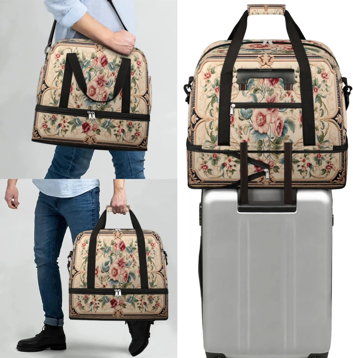 Abstract Boho Flowers Pattern Travel Duffle Bag, Collapsible Travel Bag Sports Gym Bag With Shoes Compartment Weekender Bag Overnight Bag For Women Men
