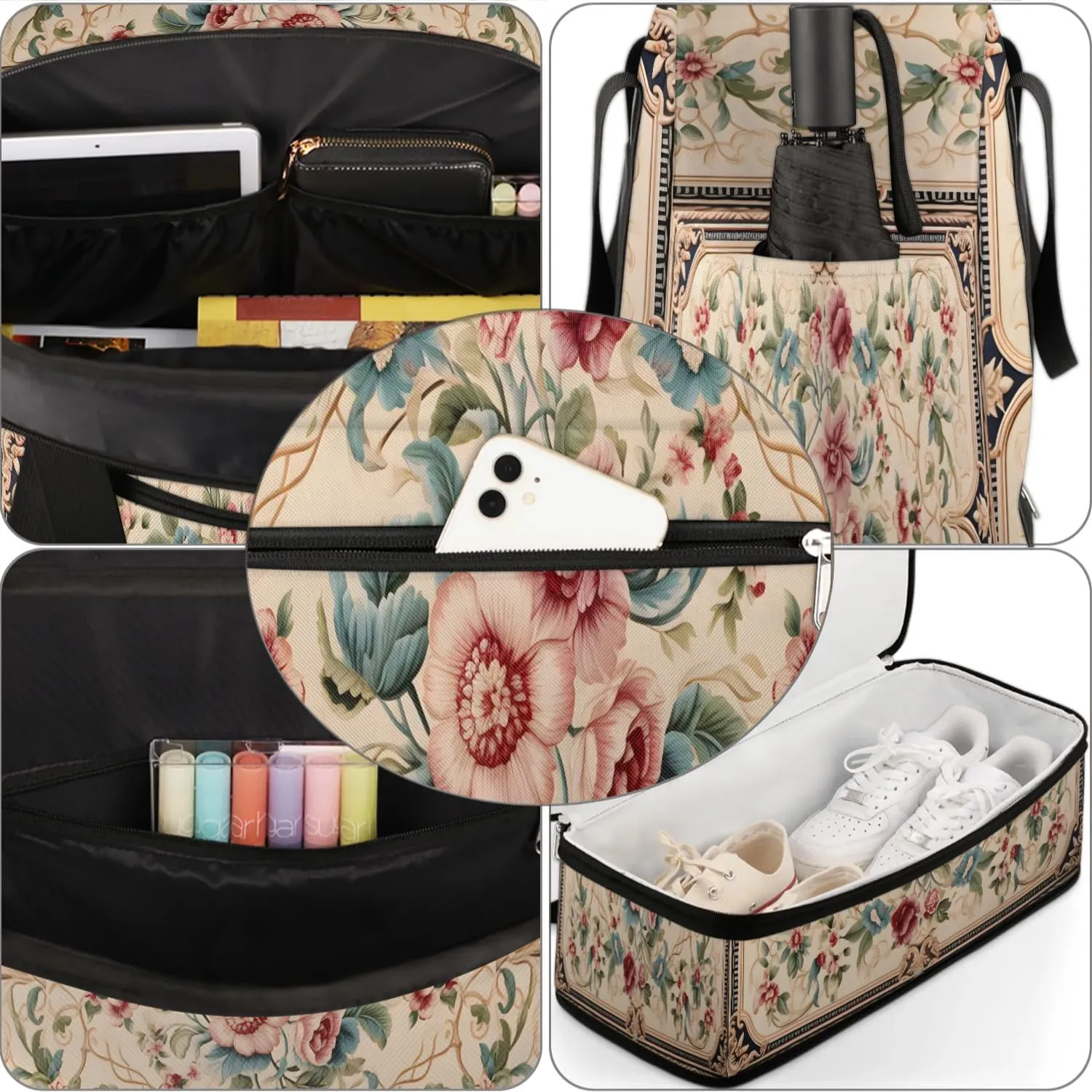 Abstract Boho Flowers Pattern Travel Duffle Bag, Collapsible Travel Bag Sports Gym Bag With Shoes Compartment Weekender Bag Overnight Bag For Women Men