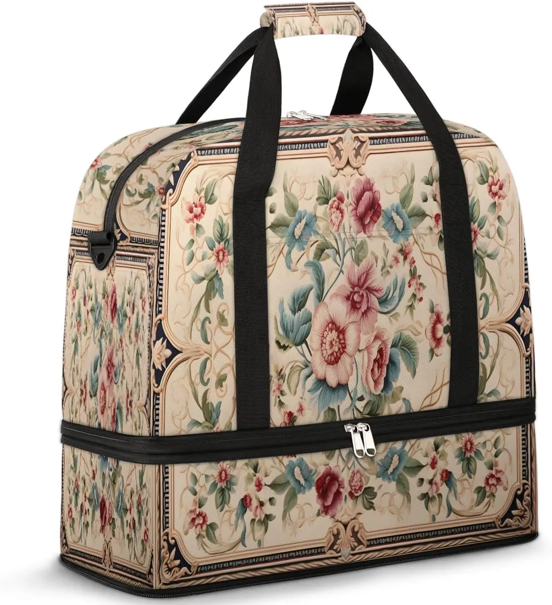Abstract Boho Flowers Pattern Travel Duffle Bag, Collapsible Travel Bag Sports Gym Bag With Shoes Compartment Weekender Bag Overnight Bag For Women Men