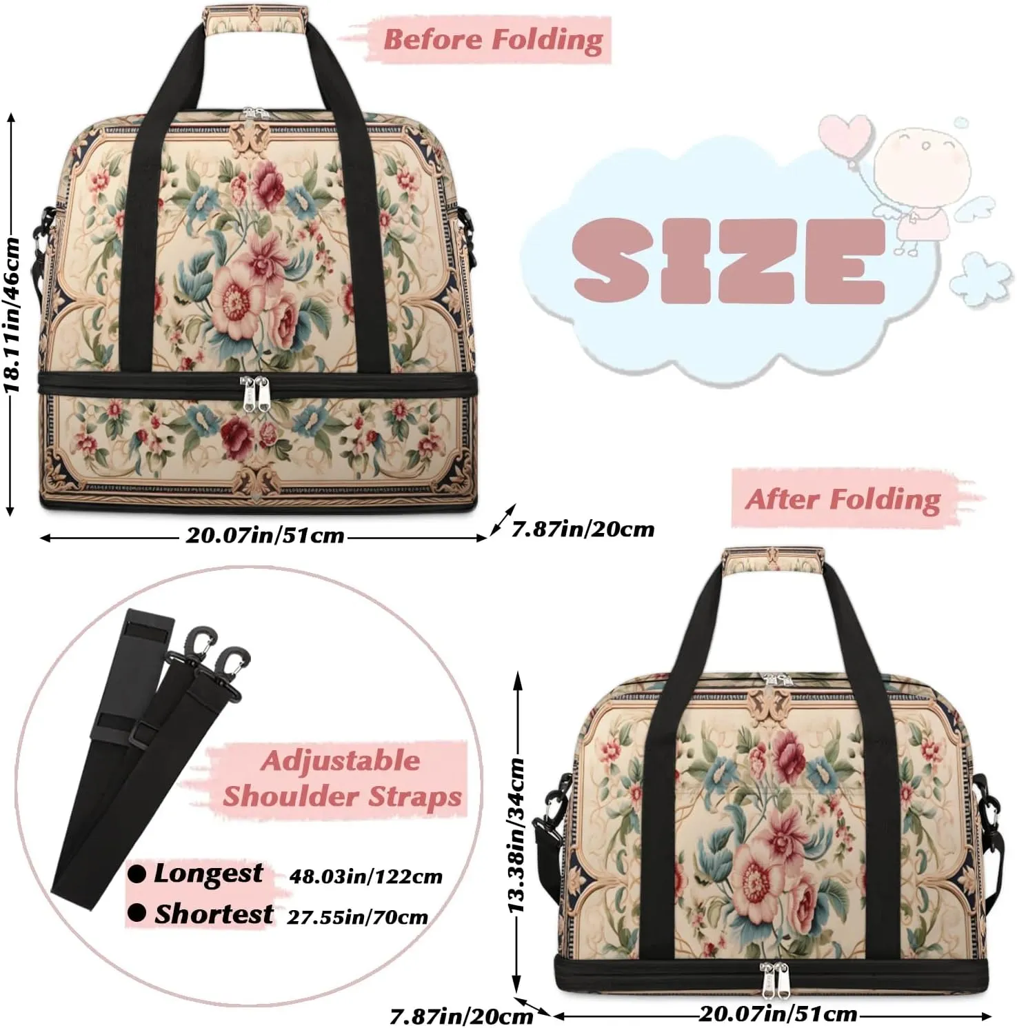 Abstract Boho Flowers Pattern Travel Duffle Bag, Collapsible Travel Bag Sports Gym Bag With Shoes Compartment Weekender Bag Overnight Bag For Women Men
