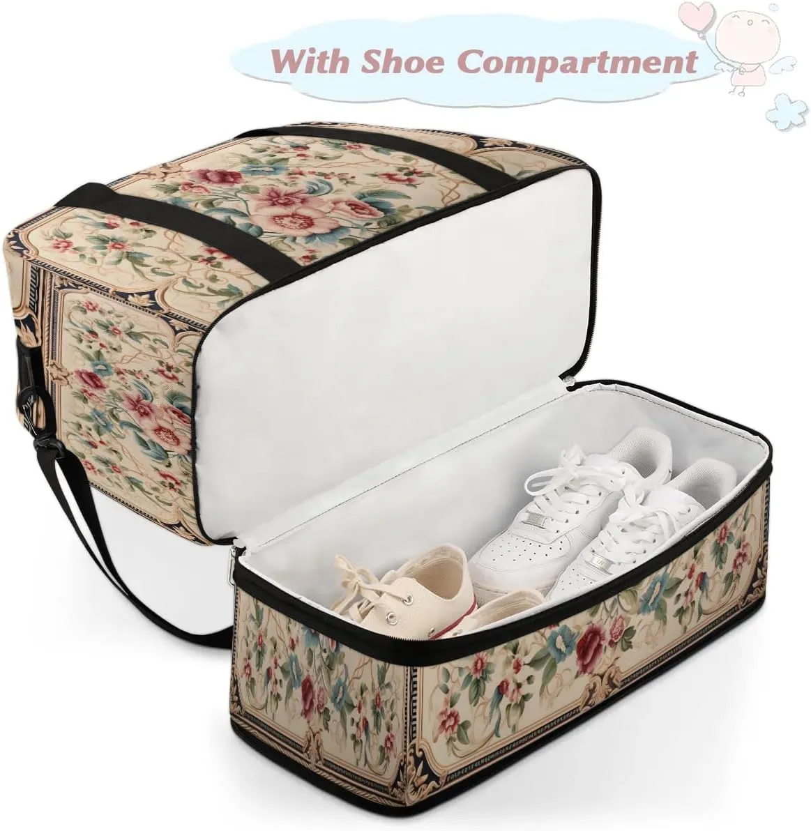 Abstract Boho Flowers Pattern Travel Duffle Bag, Collapsible Travel Bag Sports Gym Bag With Shoes Compartment Weekender Bag Overnight Bag For Women Men