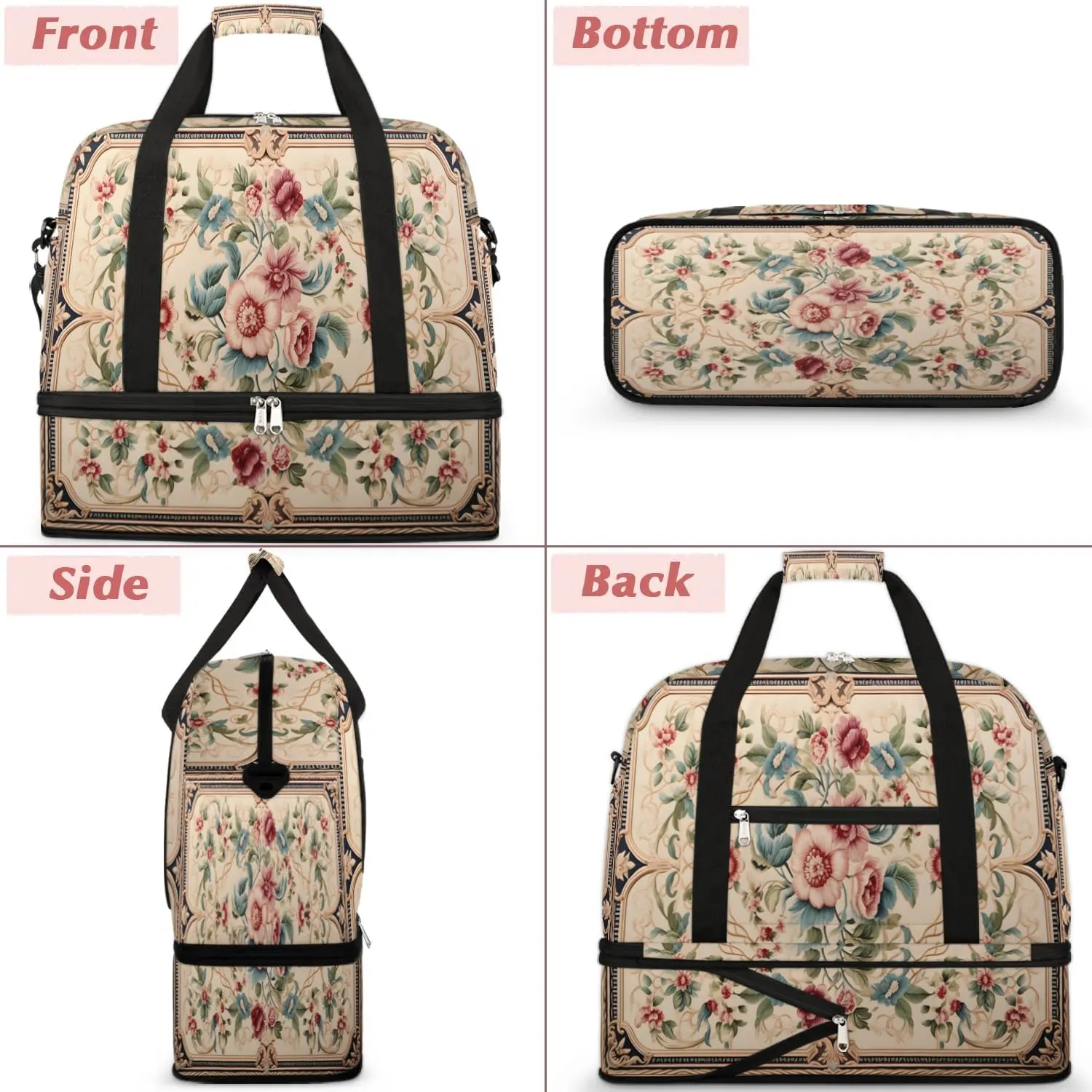 Abstract Boho Flowers Pattern Travel Duffle Bag, Collapsible Travel Bag Sports Gym Bag With Shoes Compartment Weekender Bag Overnight Bag For Women Men