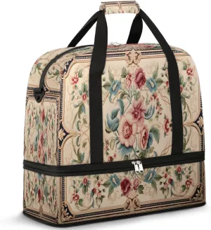 Abstract Boho Flowers Pattern Travel Duffle Bag, Collapsible Travel Bag Sports Gym Bag With Shoes Compartment Weekender Bag Overnight Bag For Women Men