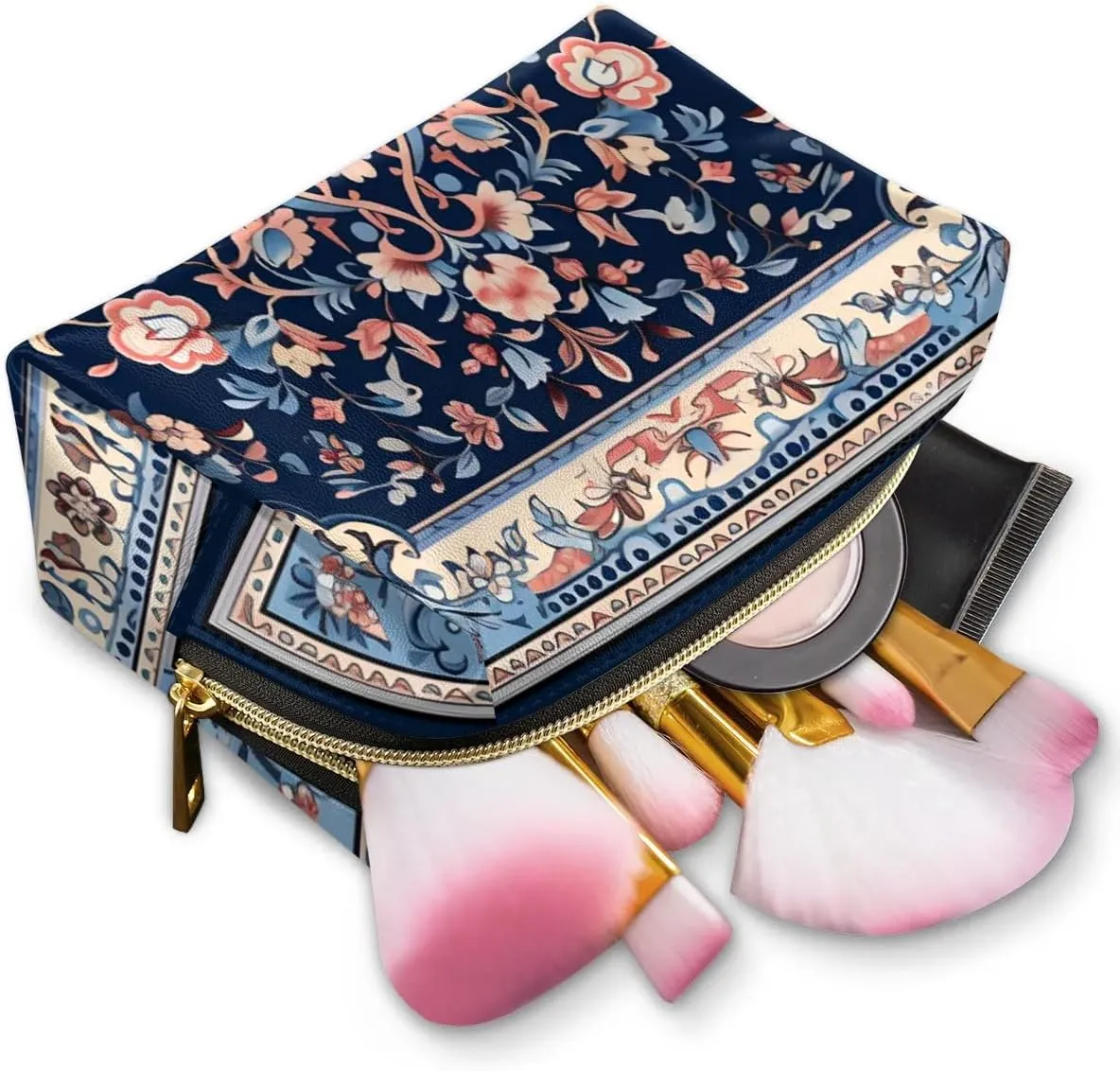 Abstract Flora Pattern Boho Travel Makeup Bag for Women, PU Leather Waterproof Checkered Cosmetic Bags Large Make up Bag Zipper Pouch