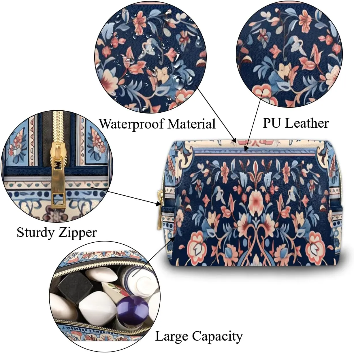 Abstract Flora Pattern Boho Travel Makeup Bag for Women, PU Leather Waterproof Checkered Cosmetic Bags Large Make up Bag Zipper Pouch