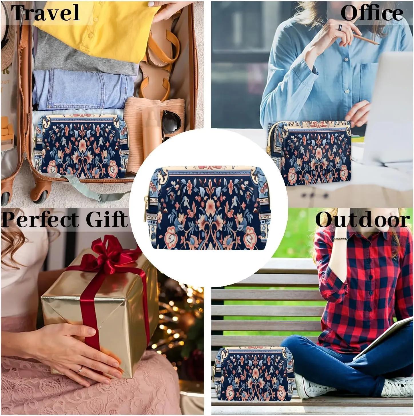 Abstract Flora Pattern Boho Travel Makeup Bag for Women, PU Leather Waterproof Checkered Cosmetic Bags Large Make up Bag Zipper Pouch