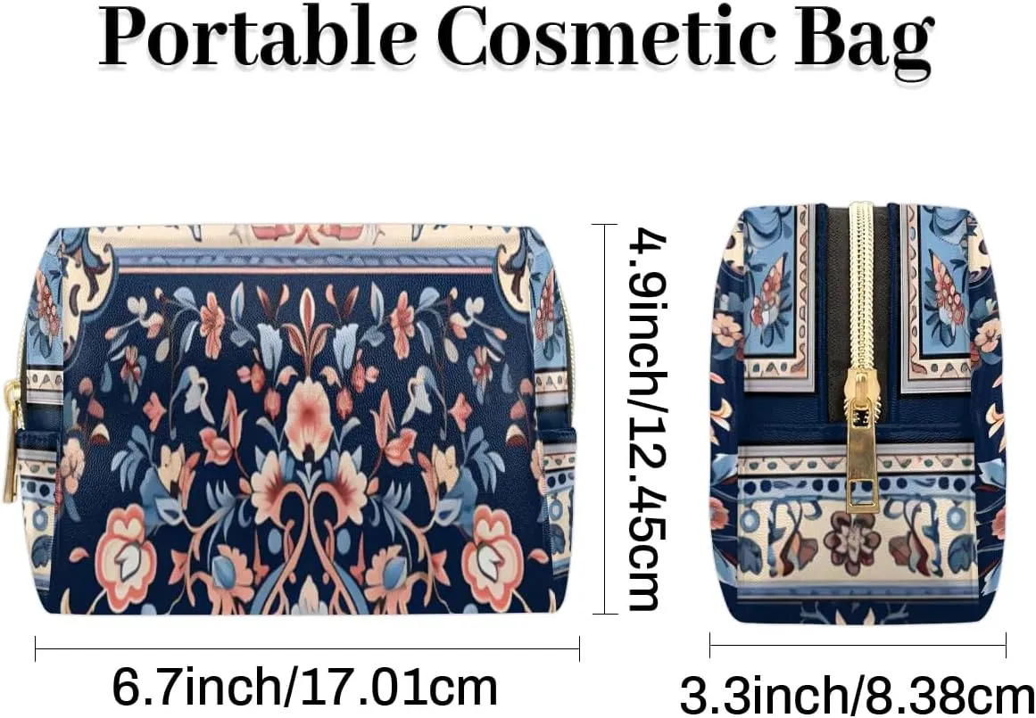 Abstract Flora Pattern Boho Travel Makeup Bag for Women, PU Leather Waterproof Checkered Cosmetic Bags Large Make up Bag Zipper Pouch