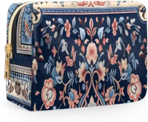 Abstract Flora Pattern Boho Travel Makeup Bag for Women, PU Leather Waterproof Checkered Cosmetic Bags Large Make up Bag Zipper Pouch