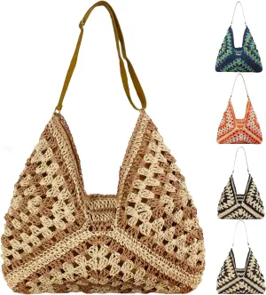 Adjustable Shoulder Strap Straw Beach Handbag,Striped Weave Beach Shoulder Bag, Vacation Summer Bags for Women