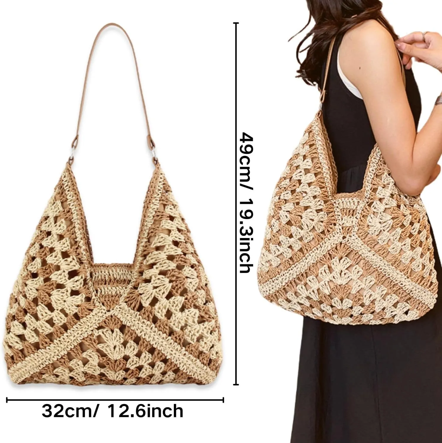 Adjustable Shoulder Strap Straw Beach Handbag,Striped Weave Beach Shoulder Bag, Vacation Summer Bags for Women