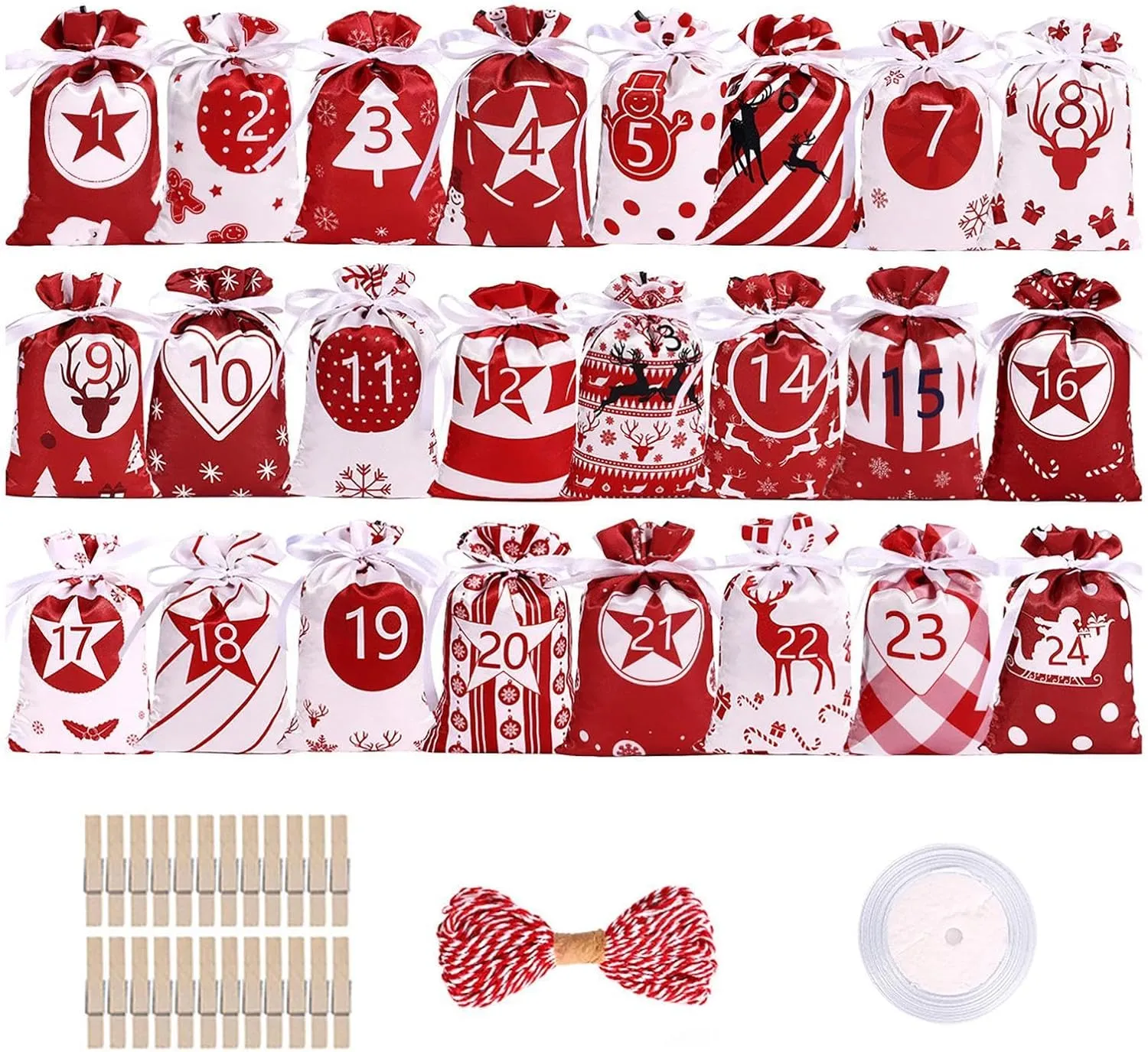 Advent Calendar Numbers - 24 Days Christmas Countdown Calendar, Gift Bag with Drawstring | Satin Material, Good Decorative Effect, Christmas Pattern Design for Thanksgiving Day