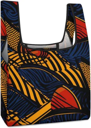 African Wax Pattern Novelty Reusable Grocery Bag Fold-able Shopping Bags Washable Tote Lightweight Storage Pouch with Handle