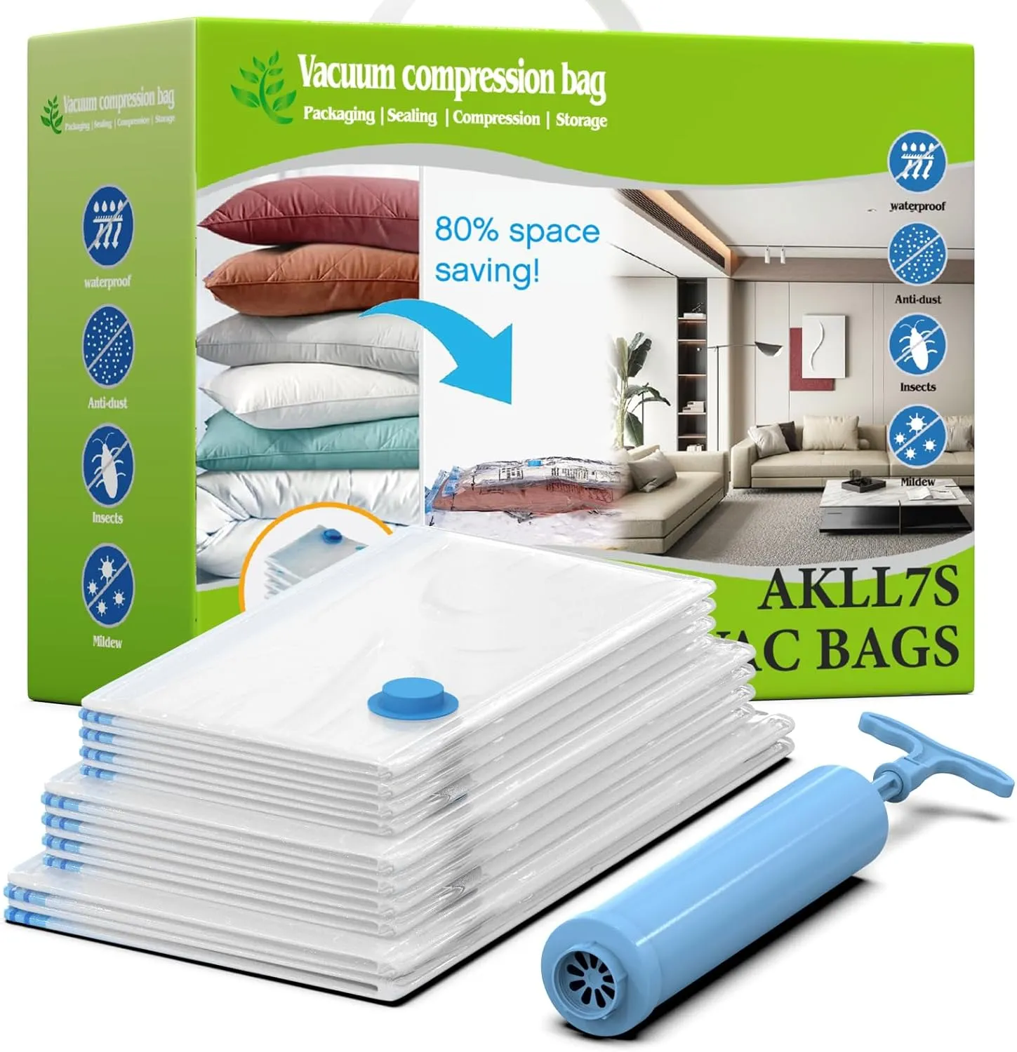 AKLL7S Vacuum Storage Bags, 10 Pack Space Saver Bags (2 Jumbo/4 Large/4 Medium) Vacuum Seal Bags for Clothing, Comforters, Blankets, Travel(Hand Pump Included)