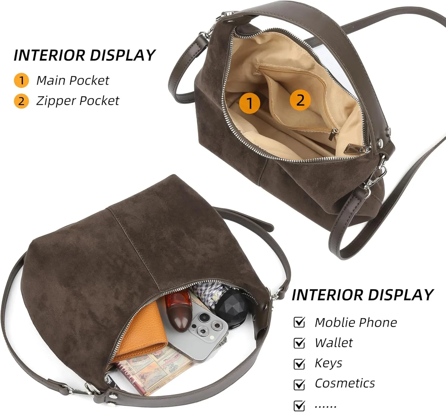 ALUSBELL Suede Tote Bags For Women Retro Suede Crossbody Shoulder Bag Crescent Satchel Hobo Bag Travel Work Purses Handbag