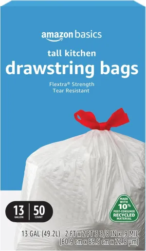 Amazon Basics 13 Gallon Flextra Strength Tall Kitchen Drawstring Trash Bags, Tear Resistant, 10% Post Consumer Recycled, 50 Count